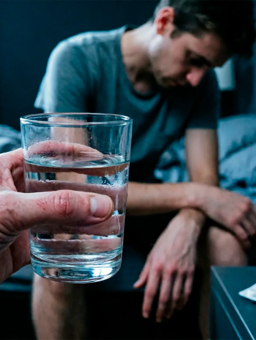 Рука подает стакан воды мужчине с похмельем